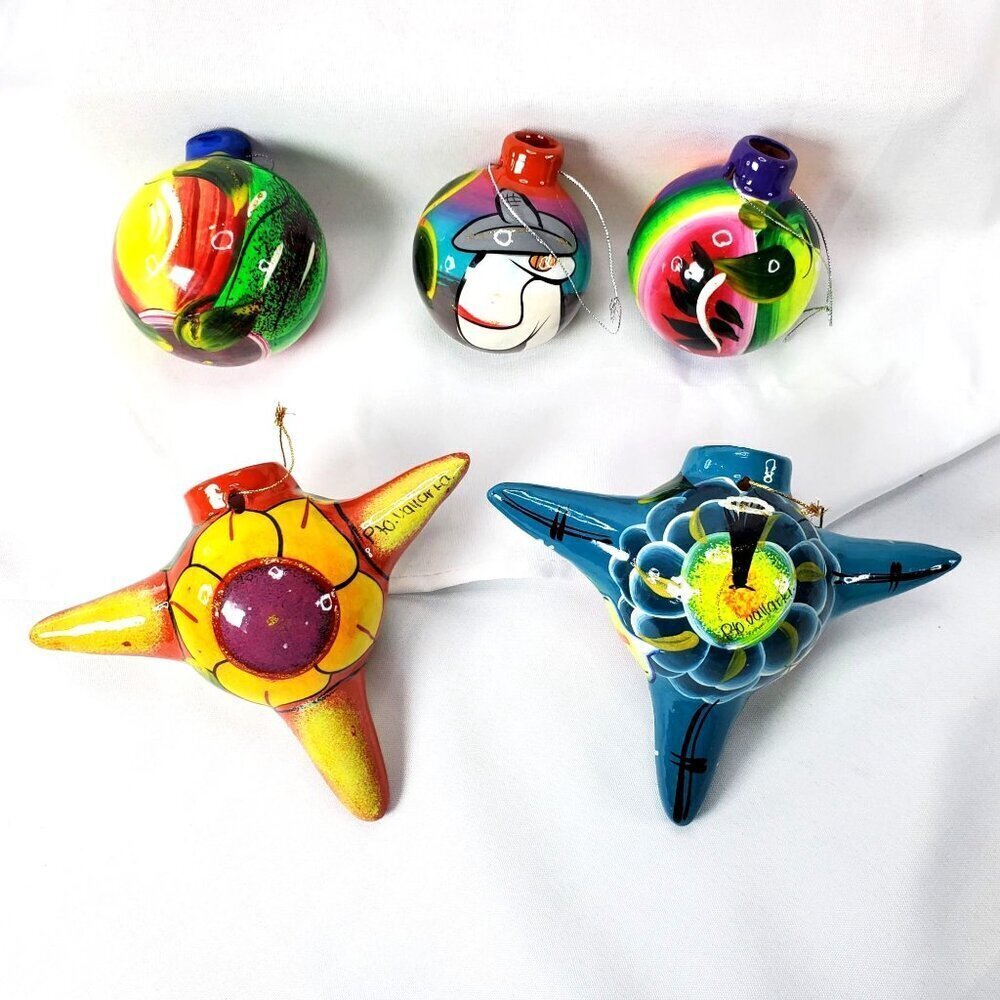 Talavera Piñata Christmas Ornaments: Mexican Folk Art Set of 5 Puerto Vallarta - Picture 3 of 12